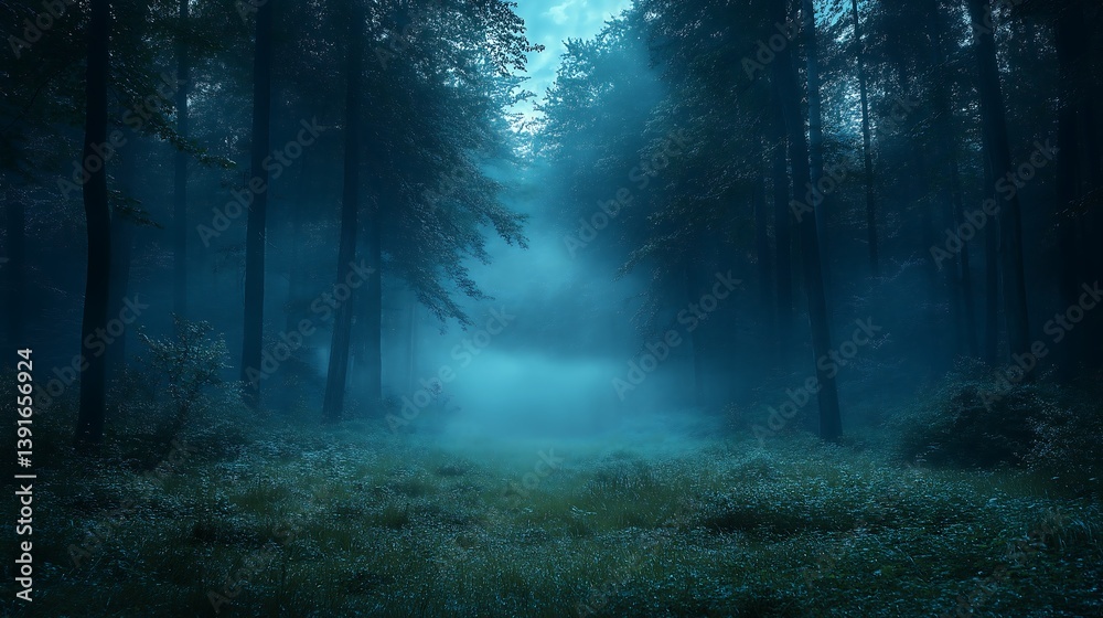 Fototapeta premium Enigmatic Night Forest: Deep Teal Mist, Mysterious Path