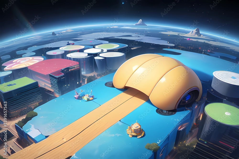 Naklejka premium ゲーム背景 可愛らしいポップさを持つ宇宙開拓スペースコロニーのイメージ背景