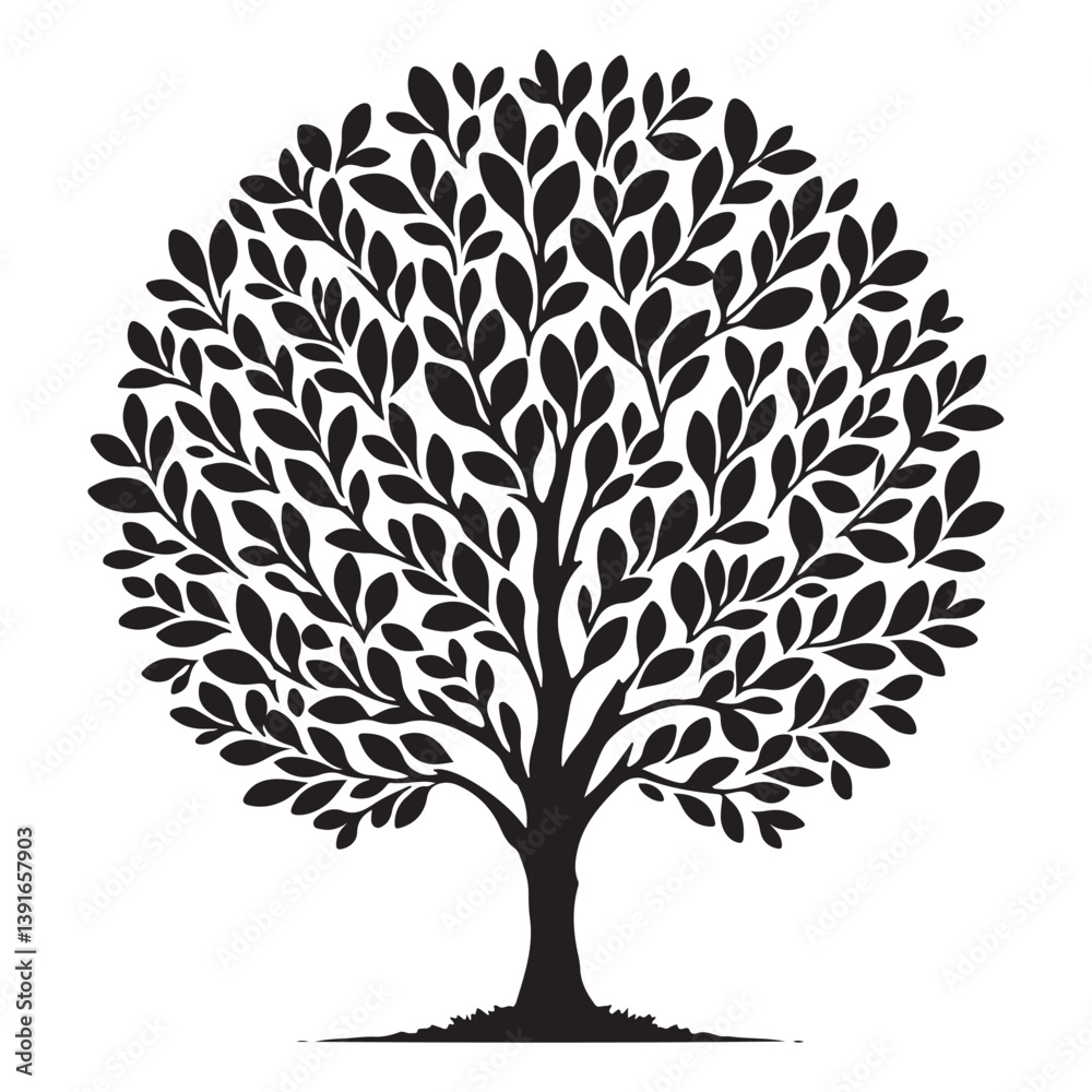 Naklejka premium Classic Tree Silhouette Round Shape Branches Leaves Nature Illustration