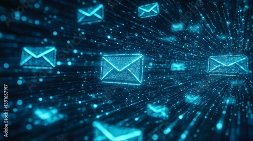 A digital tunnel of glowing blue email icons streams through cyberspace representing fast internet communication and data transfer.