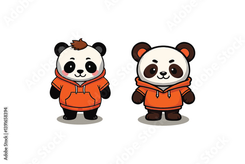 Two Adorable Panda Characters, Sporting Matching Orange Hoodies, Stand Side-by-Side Against a Clean, White Background, Radiating Cuteness and Charm.