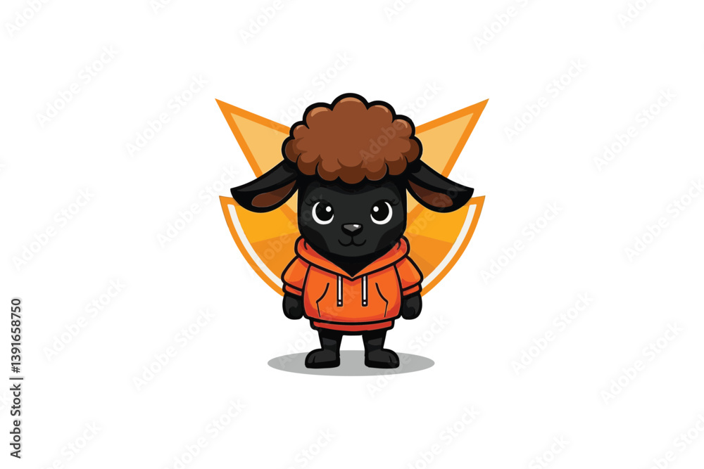 Fototapeta premium Charming Black Sheep Mascot in Orange Hoodie, Framed by Geometric Orange Wings, Stands Out on a Crisp White Canvas.