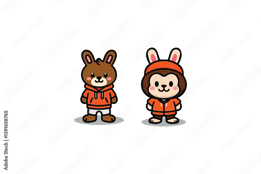 Naklejka premium Two Adorable Cartoon Animals, a Bear and a Monkey, Stand Side-by-Side in Matching Orange Hoodies on a Clean White Backdrop.