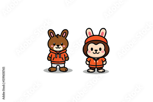 Two Adorable Cartoon Animals, a Bear and a Monkey, Stand Side-by-Side in Matching Orange Hoodies on a Clean White Backdrop.