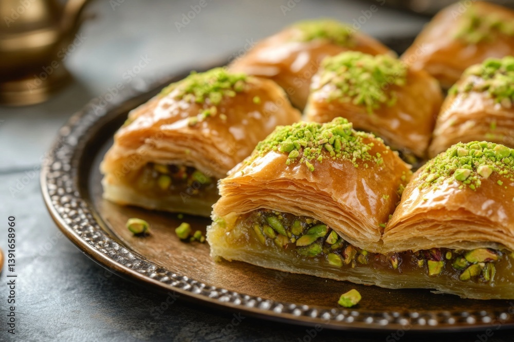 Close-up of traditional pistachio baklava with golden flaky layers, syrup glaze, and nut topping on plate. Close-up of traditional pistachio baklava with golden flaky layers, syrup glaze, and nut topping on plate.