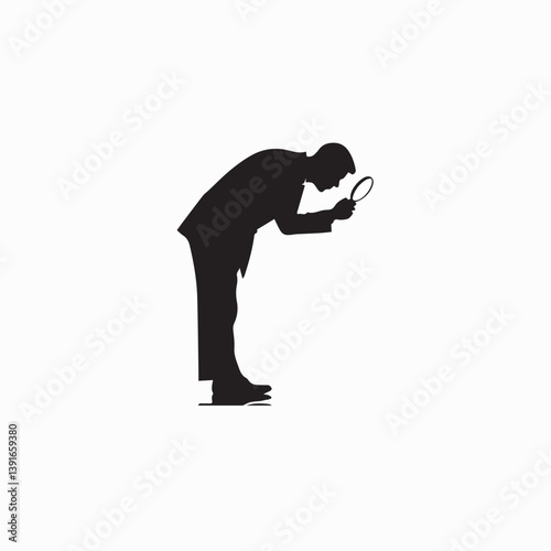vector illustration of a man, problem-solving focused man with magnifier silhouette.