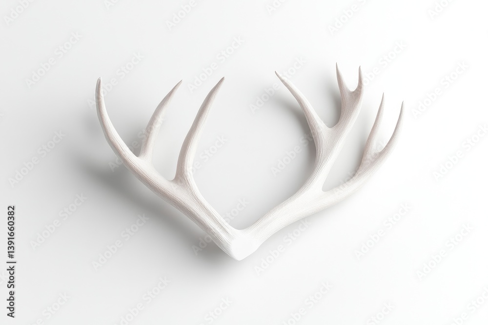 Elegant, pristine white reindeer antlers, perfectly symmetrical, presented against a stark white background, suggesting a minimalist, modern design for decorative purposes Elegant, pristine white reindeer antlers, perfectly symmetrical, presented against a stark white background, suggesting a minimalist, modern design for decorative purposes