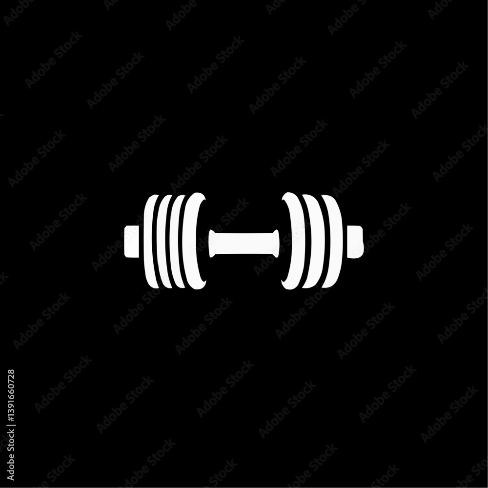 Minimalist graphic dumbbell design in white with concentric circle plates for logo or fitness branding against a black background Minimalist graphic dumbbell design in white with concentric circle plates for logo or fitness branding against a black background