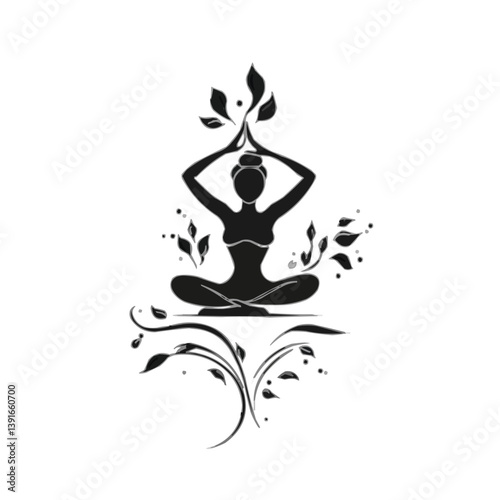Woman in yoga pose peacefully surrounded by leaves representing serenity against minimalist black and white background