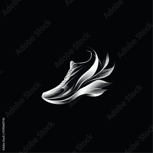 Stylized abstract running shoe illustration in grayscale suggesting motion speed and energy against a stark black background