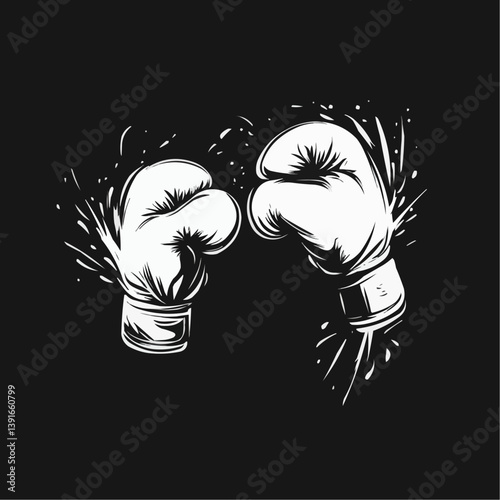 Minimalist boxing gloves facing each other suggesting impact against black background