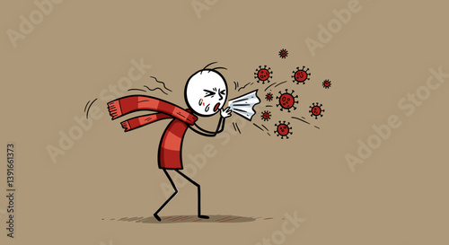 Man in scarf sneezing virus in cartoon