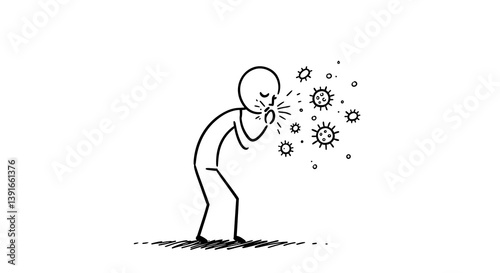 Stick figure sneezing virus particles