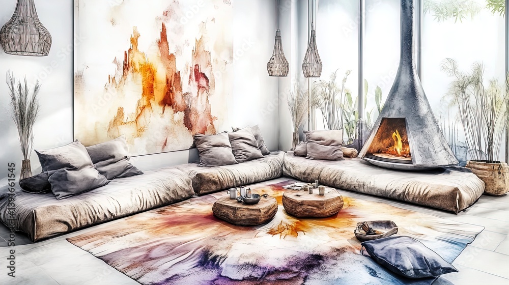cozy communal living room with sunken seating, layered rugs, and central fireplace - ideal for sports interior posters and modern home inspiration