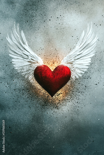 A red heart with white wings flying in background ai generated