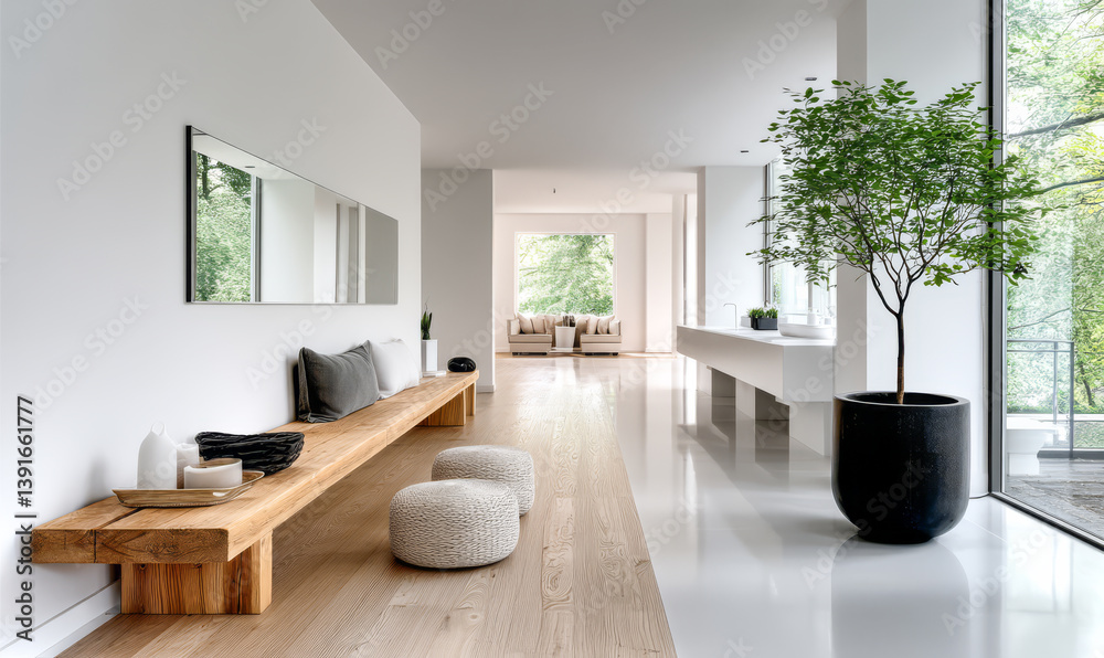 Fototapeta premium Contemporary interior with minimalist design featuring natural wood accents and greenery