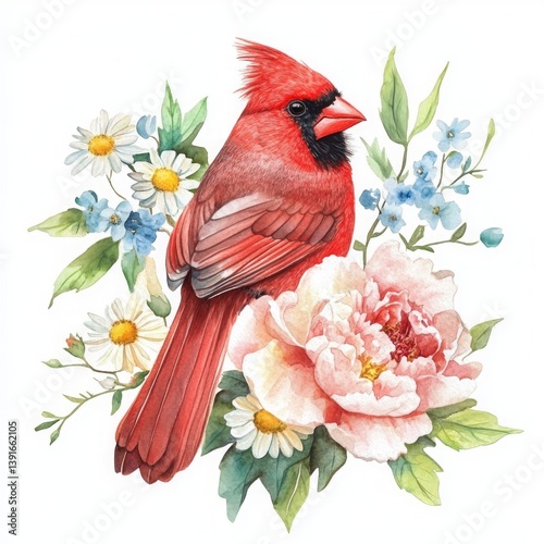 Watercolor illustration of a red cardinal bird perched among blooming peonies, daisies, and blue wildflowers.
