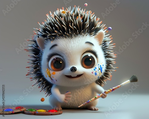 Adorable Cartoon Hedgehog Artist with Paintbrush and Palette A Cute 3D Rendered Image
