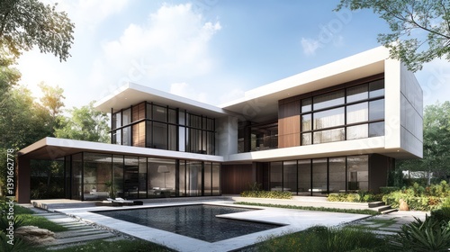 Modern house with pool in garden, exterior view, residential photo