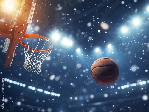 Basketball Game in Snowy Winter Arena: Dramatic Shot of a Ball Going Through the Hoop