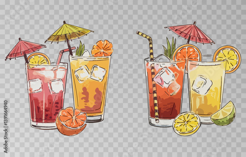 Watercolor set of refreshing summer cocktails PNG. Each drink is served with ice cubes, fruit slices, and adorned with a cocktail umbrella and straw. Cocktails on isolated transparent background.