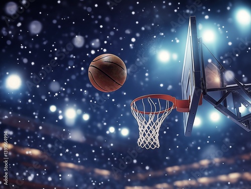 Basketball Swish! Winter Night Game Scene, Snow Falling