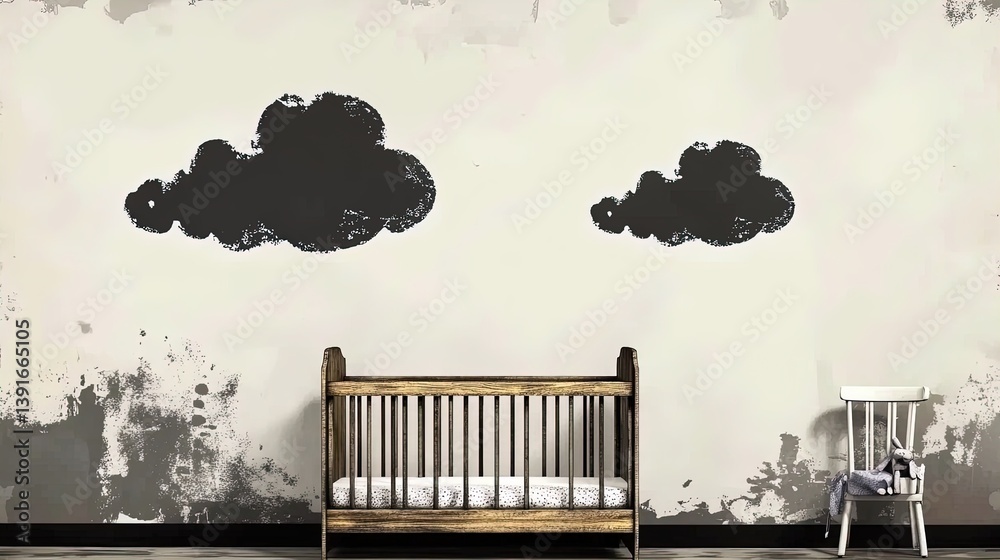 modern nursery design: pastel walls, wooden crib & cloud-shaped decor - perfect for creating a playful yet calming atmosphere in your child's room or as a trendy wall poster!