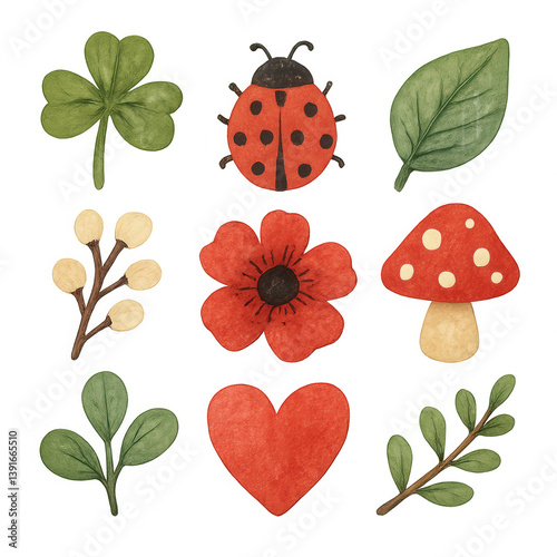Charming watercolor illustrations of nature elements including a ladybug, clover, mushroom, leaves, flowers, and heart symbol PNG