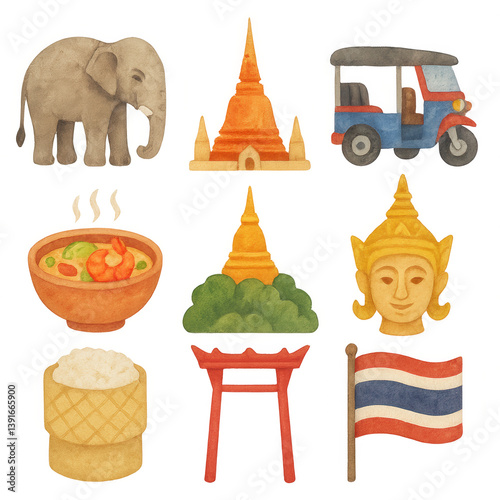 Hand-painted watercolor icons representing Thai culture and tourism, including temples, elephant, tuk-tuk, food, Buddha, and national flag PNG