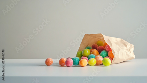 Colorful candy balls spilling out of a paper bag ai generated