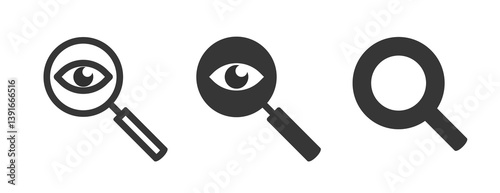 Magnifier glass eye icon vector set as enlarge view ui interface graphic element, sight observe vision inspect sign symbol line stroke outline solid pictogram, analysis explore test, search find image