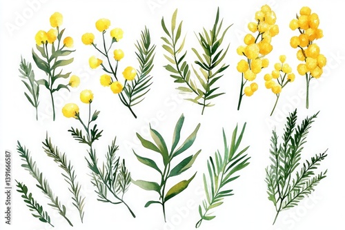 Watercolor illustration of mimosa flowers and green leaves with delicate yellow blooms and botanical foliage arrangement.