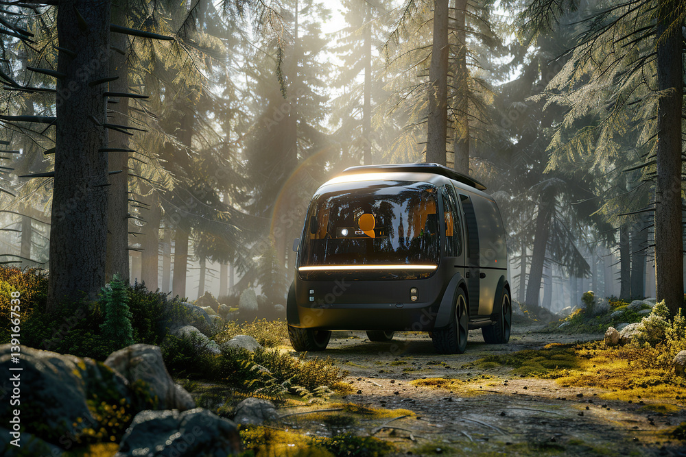 Obraz premium Holiday trip on large family motorhome for holiday in beautiful natural nature, abstract vivid composition consists of fictional unreal fantastic vision on background