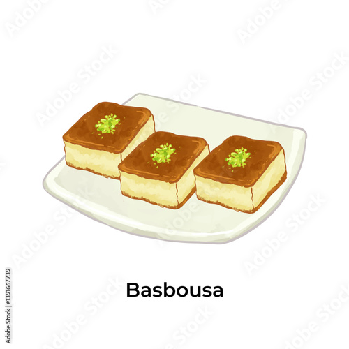 Colorful illustration of Basbousa traditional Middle Eastern sweets and desserts. Perfect for Ramadan, Eid, or cultural food themes. High detail, vibrant style.