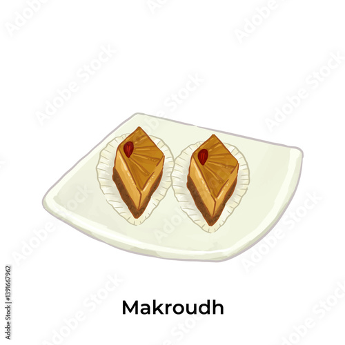 Colorful illustration of Makroudh traditional Middle Eastern sweets and desserts. Perfect for Ramadan, Eid, or cultural food themes. High detail, vibrant style.