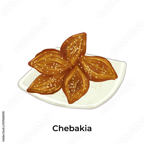 Colorful illustration of Chebakia traditional Middle Eastern sweets and desserts. Perfect for Ramadan, Eid, or cultural food themes. High detail, vibrant style.