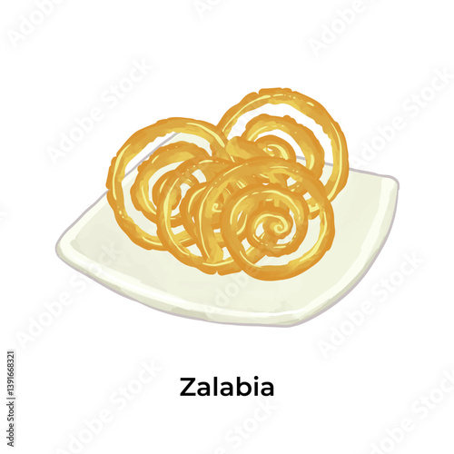 Colorful illustration of Zalabia traditional Middle Eastern sweets and desserts. Perfect for Ramadan, Eid, or cultural food themes. High detail, vibrant style.