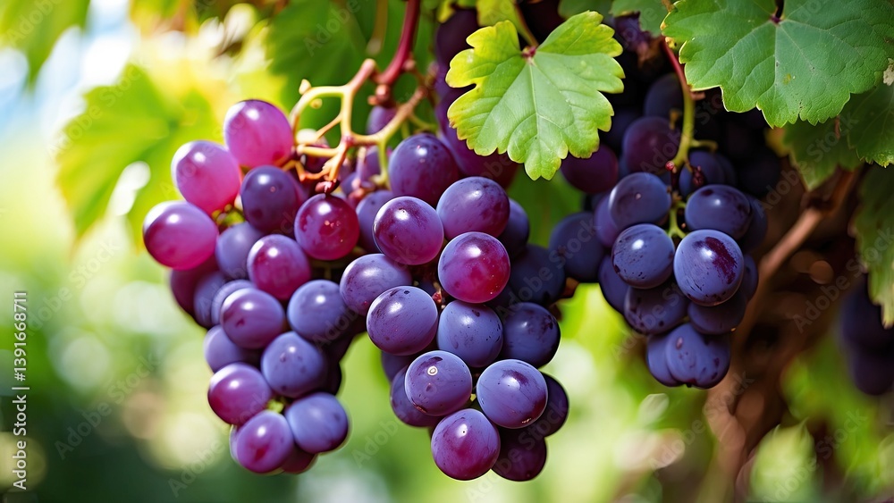 purple and red grapes hanging from a leafy grapevine. purple and red grapes hanging from a leafy grapevine.