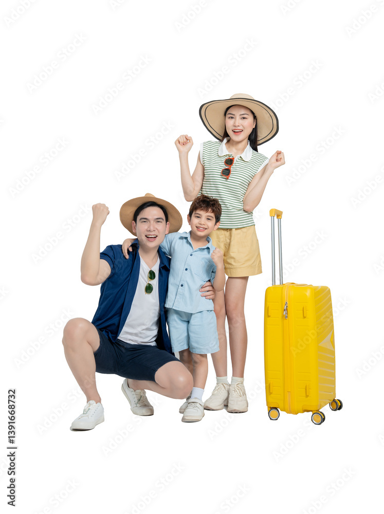 Full body photo of Asian family wearing travel clothes, travel suitcase posing, background removed Full body photo of Asian family wearing travel clothes, travel suitcase posing, background removed