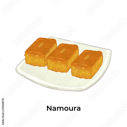 Colorful illustration of Namoura traditional Middle Eastern sweets and desserts. Perfect for Ramadan, Eid, or cultural food themes. High detail, vibrant style.