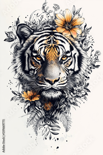 Tiger head surrounded by flowers vector illustration ai generated
