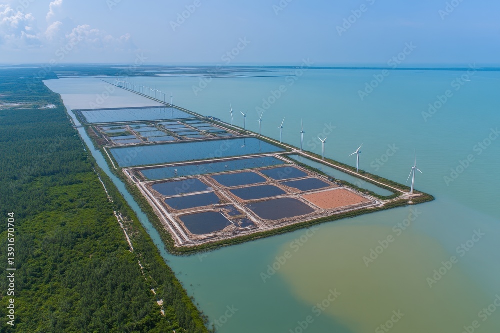 Coastal aquaculture farm with wind turbines