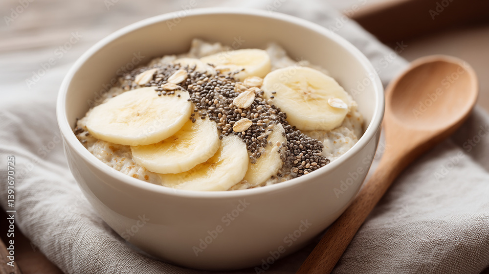 Oatmeal topped with banana slices and chia seeds Oatmeal topped with banana slices and chia seeds