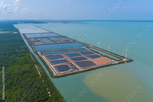 Obraz na płótnie Coastal aquaculture farm with wind turbines w salonie