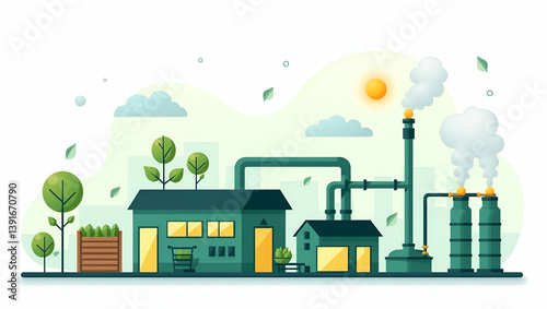 Explore our flat, cute vector illustration showcasing a high-efficiency bioenergy facility, highlighting state-of-the-art biomass processing and eco-friendly technologies.