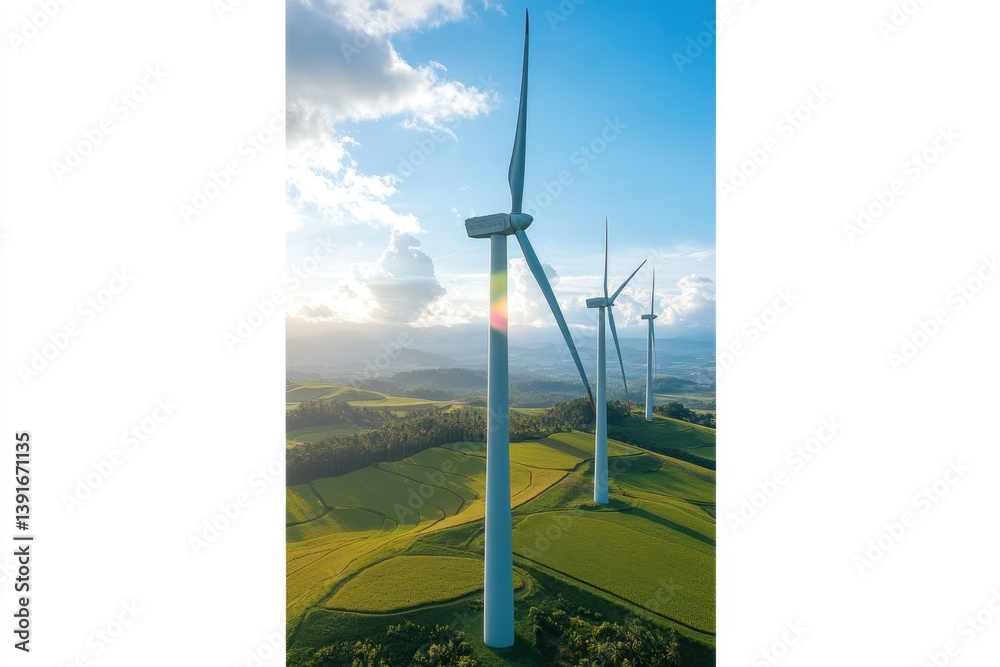 Wind turbines on a hill overlooking a field