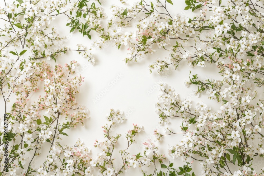 Delicate spring blossoms frame a pristine white background