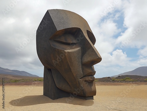 Lanzarote's Mirador del Rio: Giant Abstract Head Sculpture in Volcanic Landscape