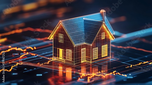 real estate trends and market analysis depicted by digital house on financial chart showing investment opportunities housing prices and economic growth