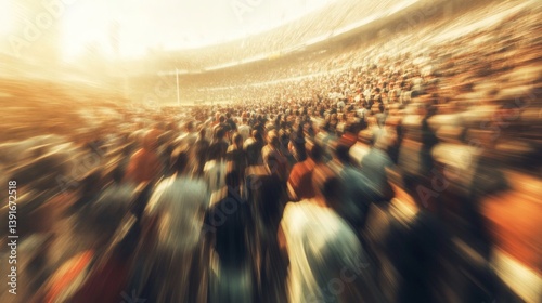 Crowd exiting stadium after game, sunset. Sports event photography